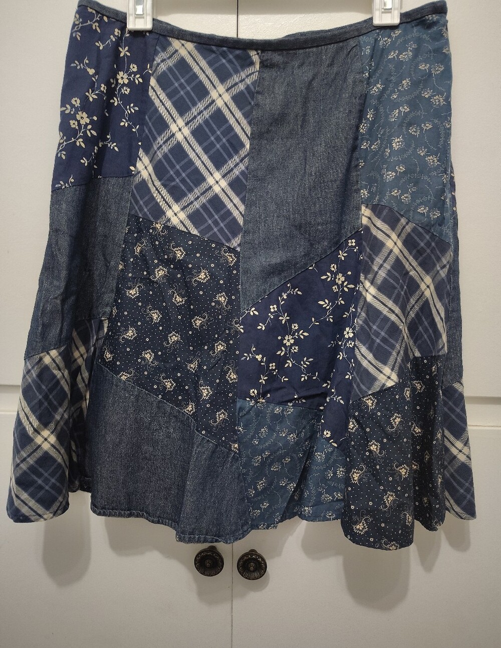 Chaps Denim Patchwork Skirt Women's Size 8 Blue Floral Plaid Boho Cottage Core